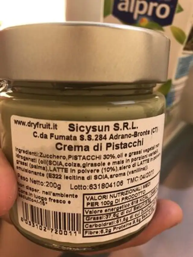 Crema di pistachi ingredients label