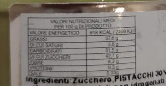 Crema di pistachi nutrition facts table