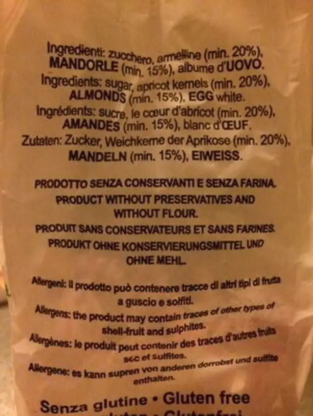 Amaretto classico ingredients label