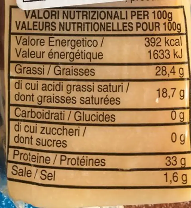 Parmesan En Stick nutrition facts table