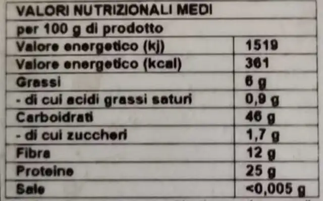 Ceci decorticati Italia nutrition facts table