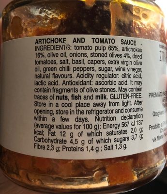 Sauce tomate olive artichaut nutrition facts table