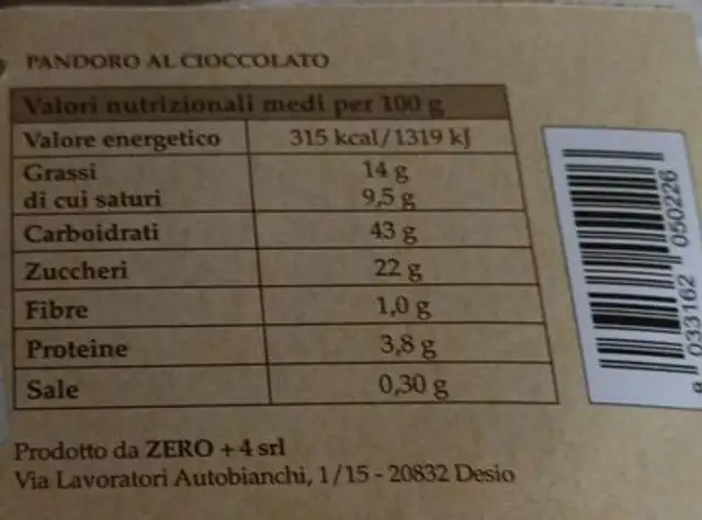 Pandoro senza glutine nutrition facts table