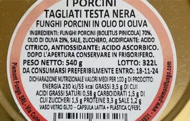 I porcini tagliati testa nera nutrition facts table
