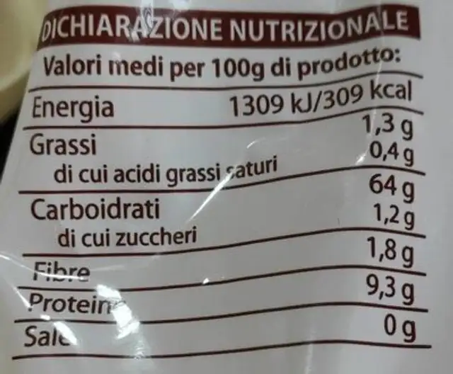 Pasta fresca nutrition facts table