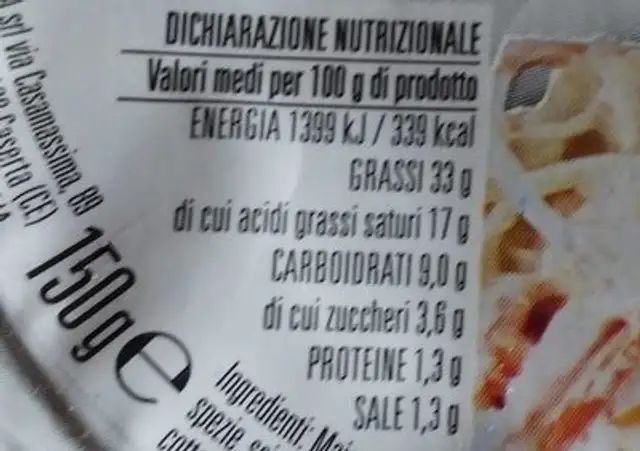 Insalata capricciosa nutrition facts table