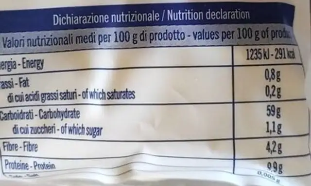 Pasta fresca nutrition facts table