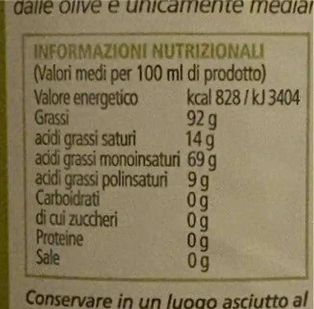 Olio extra vergine di oliva Selezione Oro nutrition facts table