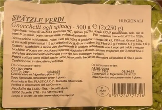 Spatzel Verdi nutrition facts table