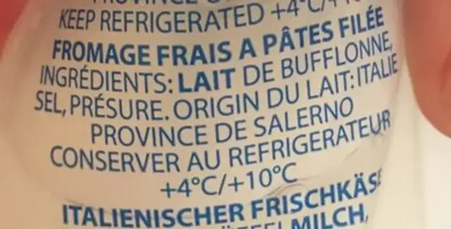 Mozzarella, Latte Di Bufala ingredients label