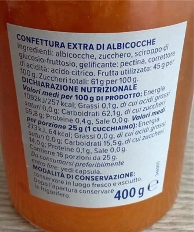 Confettura extra Albicocche nutrition facts table