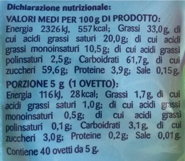 Ovetti ripieni di crema alla nocciola nutrition facts table