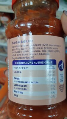 Sugo al Basilio ingredients label