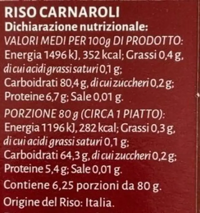 Riso Carnaroli nutrition facts table