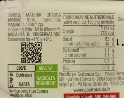 Burro di filiera nutrition facts table