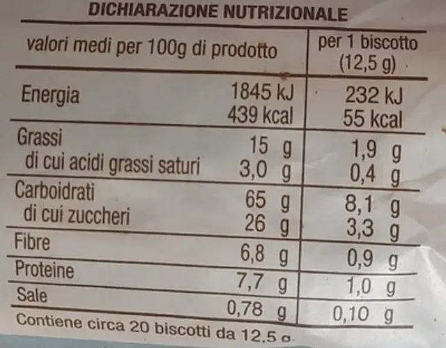 Biscotti cacao e cioccolato fondente nutrition facts table