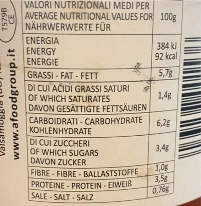 Sugo nutrition facts table