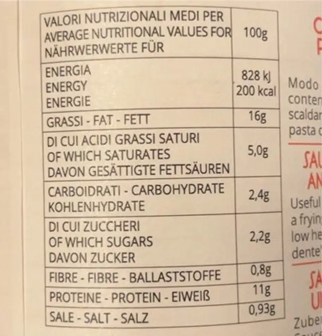 Ragu storico nutrition facts table