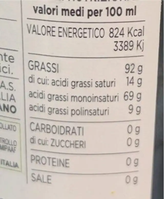 Olio biologico EVO nutrition facts table