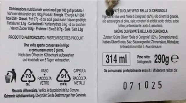 PATÉ DI OLIVE VERDI BELLA DI CERIGNOLA nutrition facts table