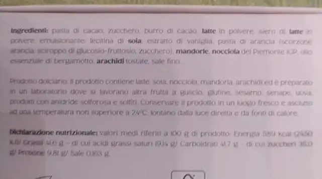 Praline nutrition facts table