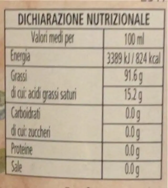 Olio extravergine di oliva nutrition facts table