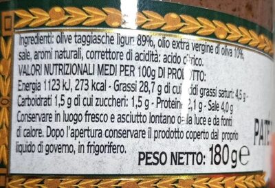 Patè di olive taggiasche liguri nutrition facts table