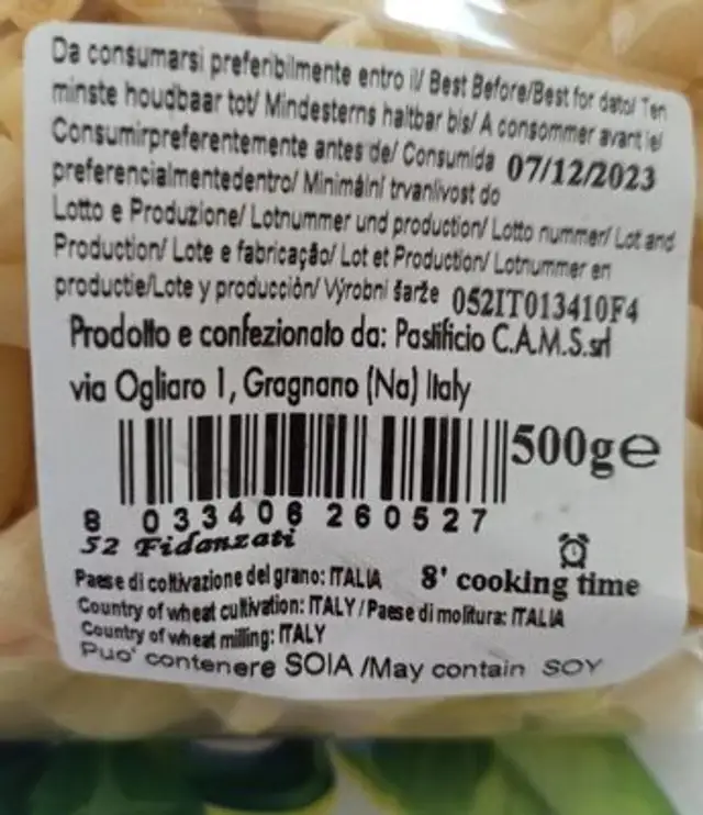 Fidanzati nutrition facts table