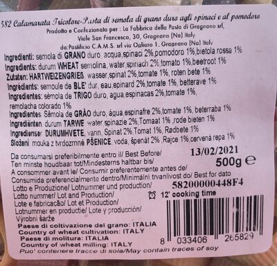 La Fabbrica Della Pasta - Calamarata Rigata Tricolore ingredients label