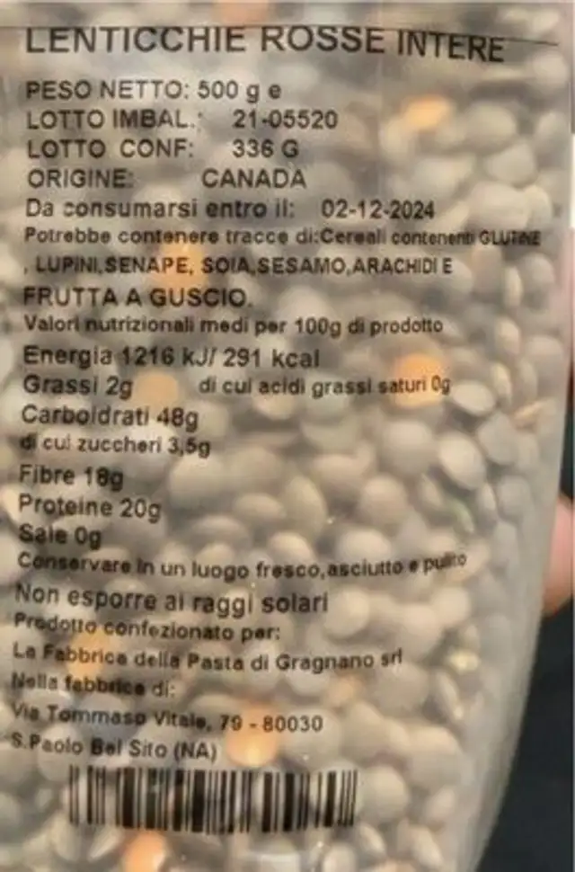 Lenticchie rosse nutrition facts table