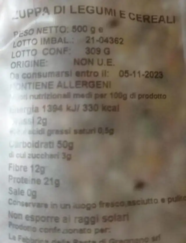Zuppa di legumi e cereali nutrition facts table