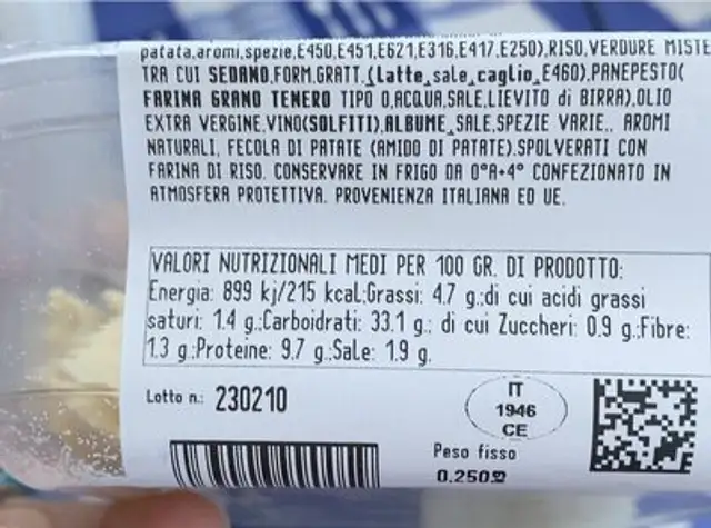Agnolotti nutrition facts table