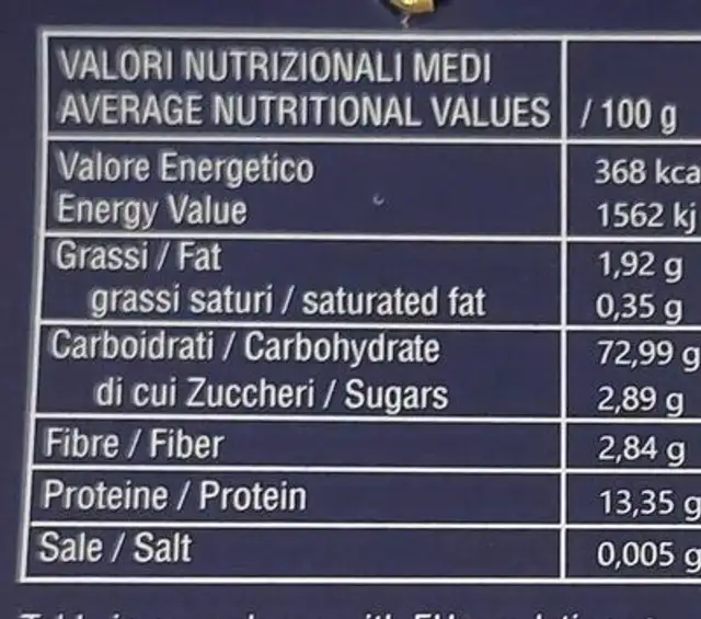 Paccheri rigati nutrition facts table