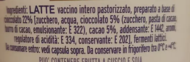 Yogurt colato con cioccolato ingredients label
