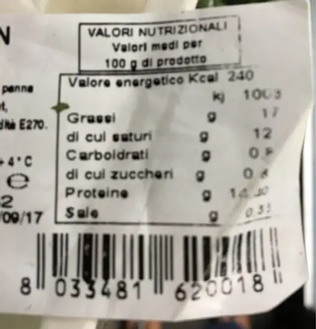 Burrata in foglia nutrition facts table