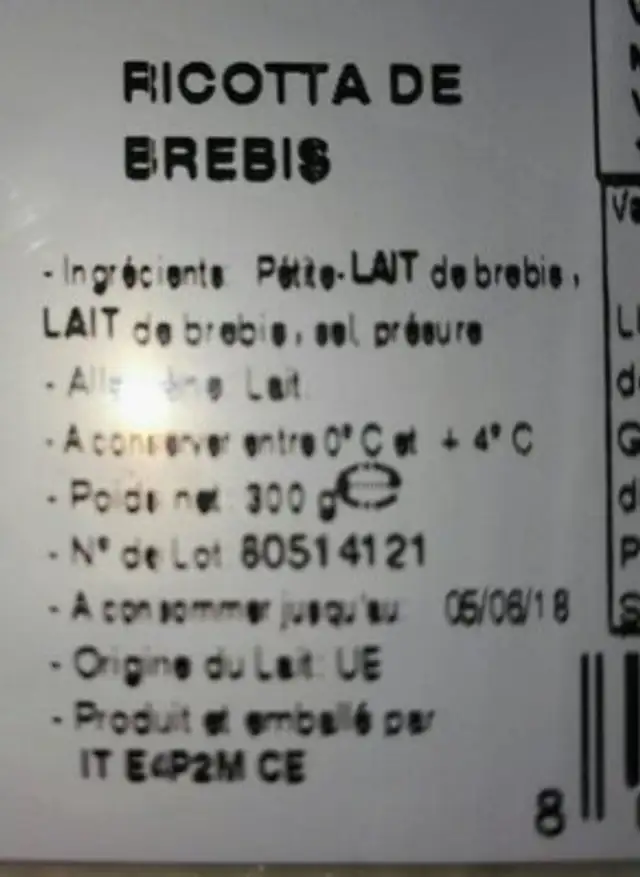 Ricotta de brebis ingredients label