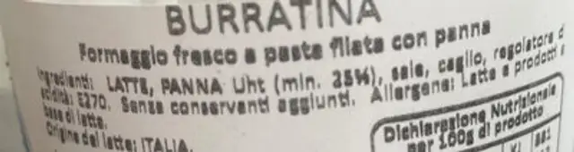 Burratina ingredients label