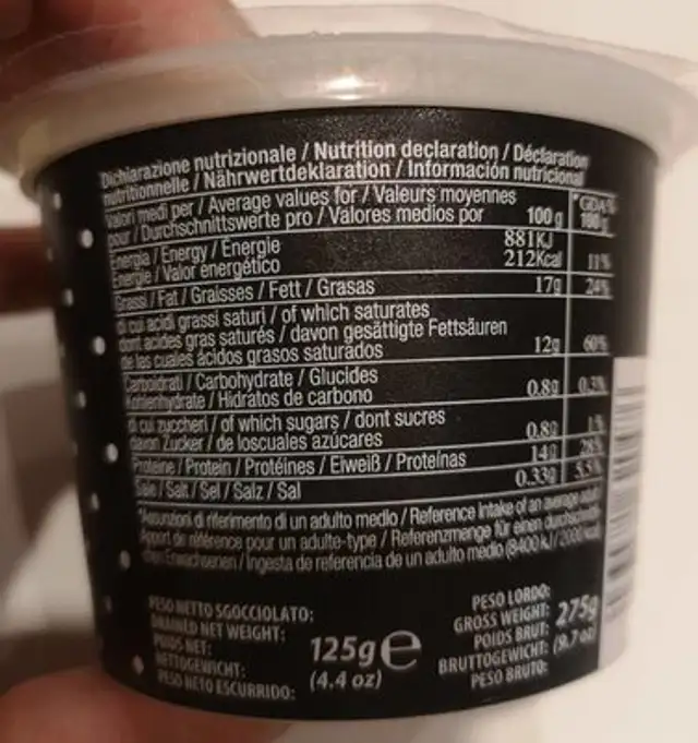 Burratina nutrition facts table