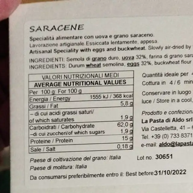 Saracene nutrition facts table