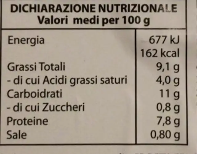 Lasagne al Ragù nutrition facts table