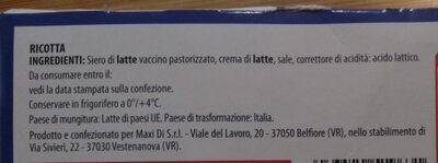 Ricotta ingredients label