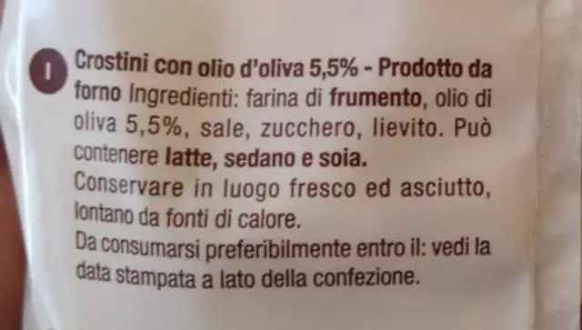 Crostini cotti al forno ingredients label