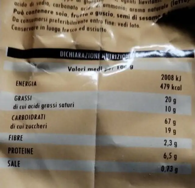 Frollini panna nutrition facts table