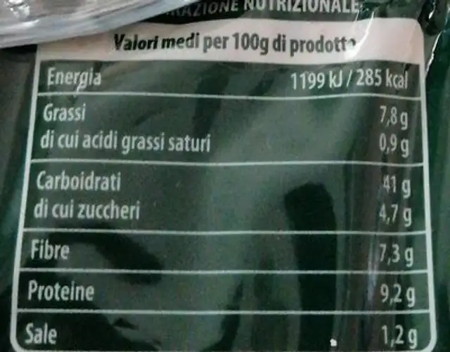Filone Rustico nutrition facts table