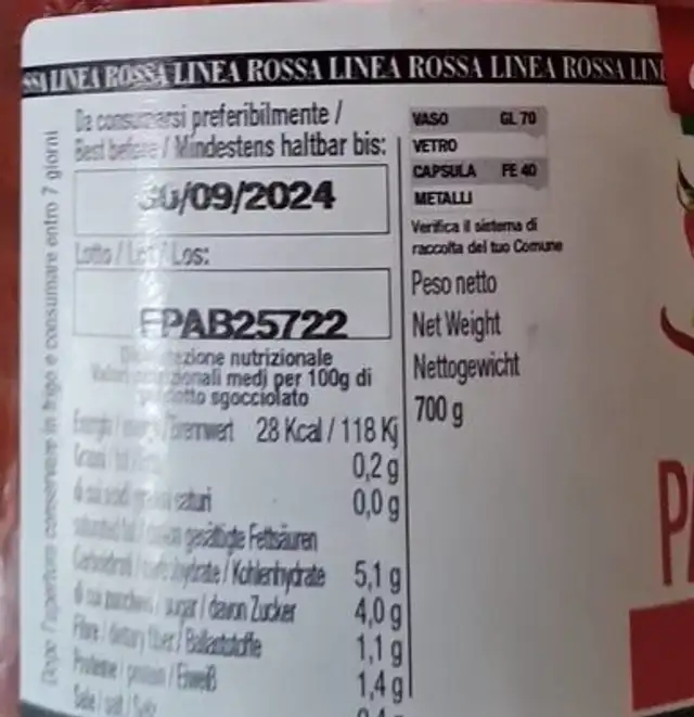 Passata artigianale nutrition facts table