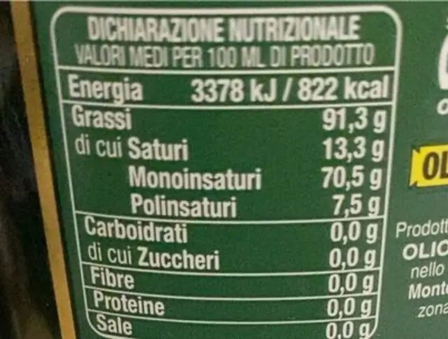 Olio extravergine di oliva nutrition facts table