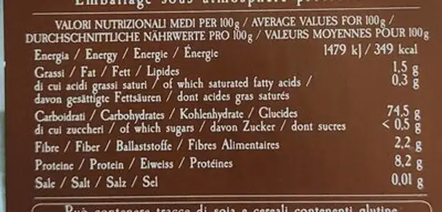 Reis nutrition facts table
