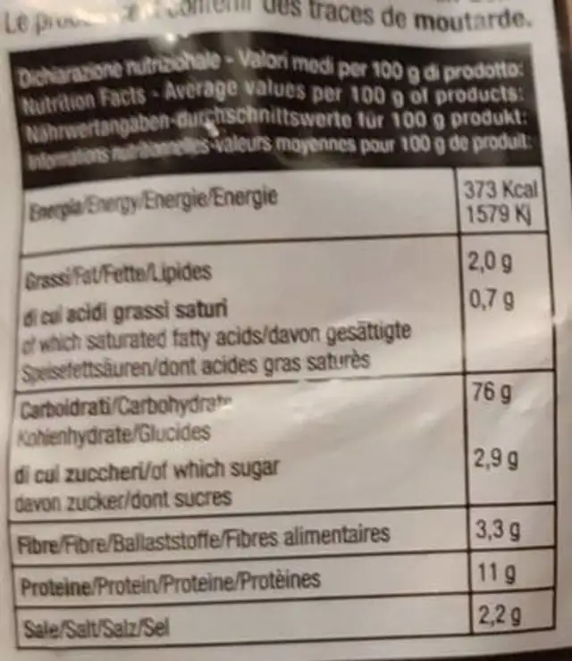 Pane Casalese nutrition facts table