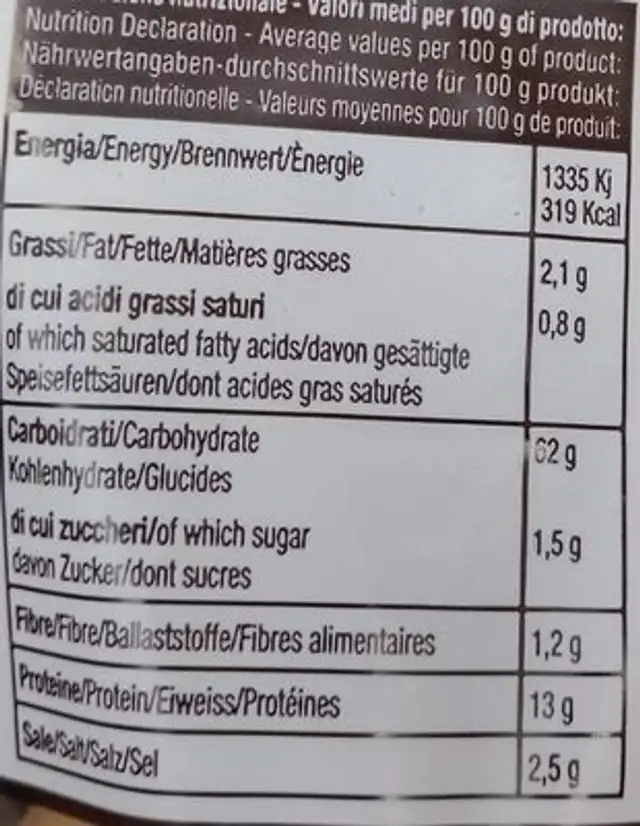 Banana alla crusca nutrition facts table