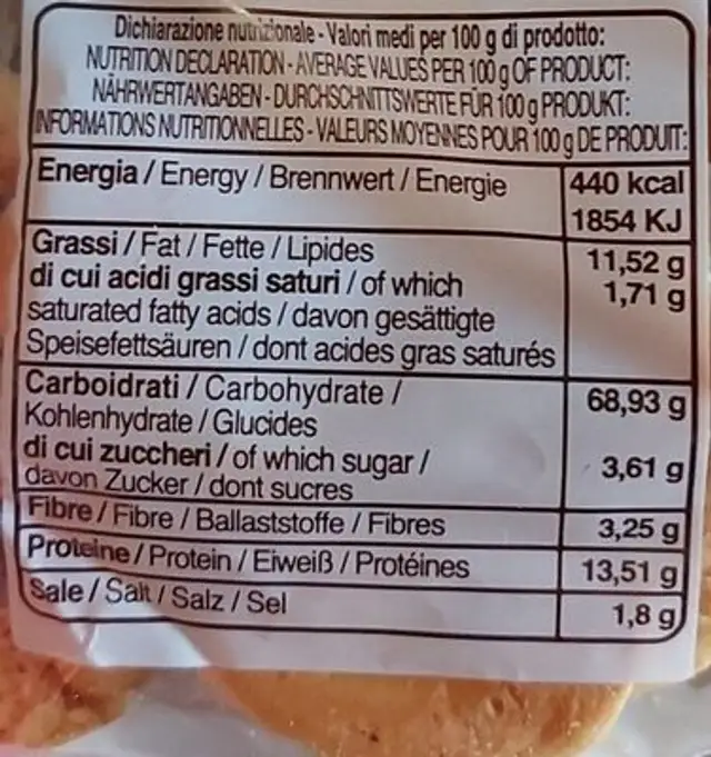 Ciambelline kamut nutrition facts table